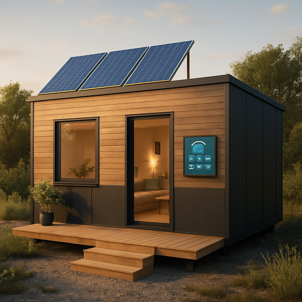 A modern off-grid tiny home with solar panels and smart technology