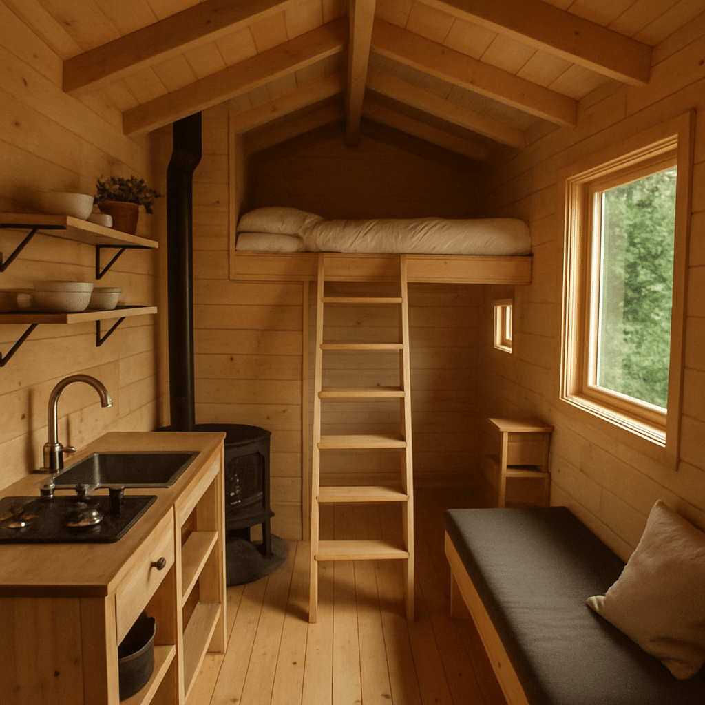 An interior view of an off-grid tiny home, showing efficient use of space