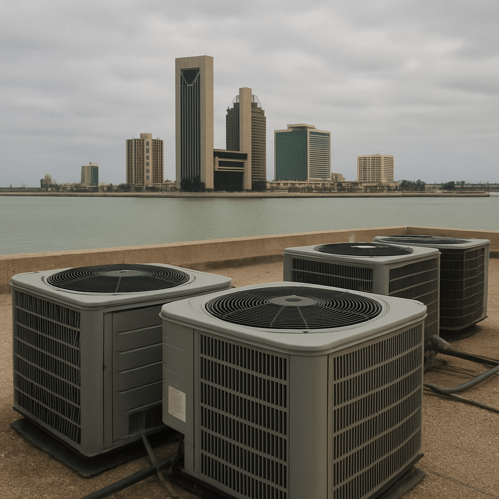 Corpus Christi skyline with air conditioning units