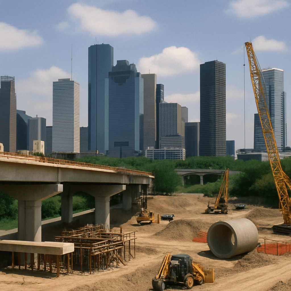 Houston skyline with engineering projects in foreground