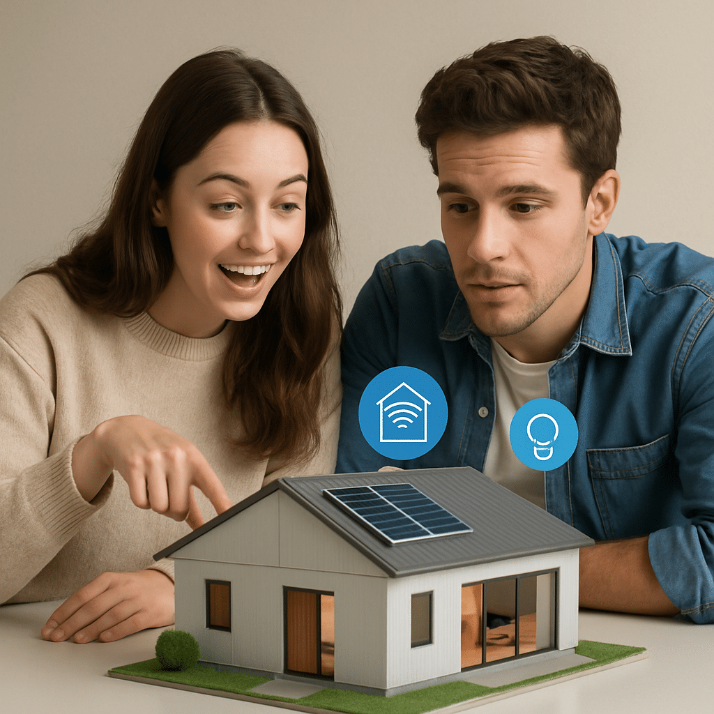 Young couple exploring a model of a prefab smart home