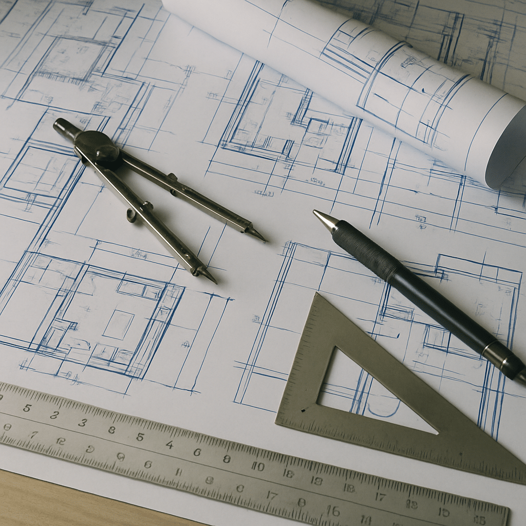 Blueprints and engineering tools on a table