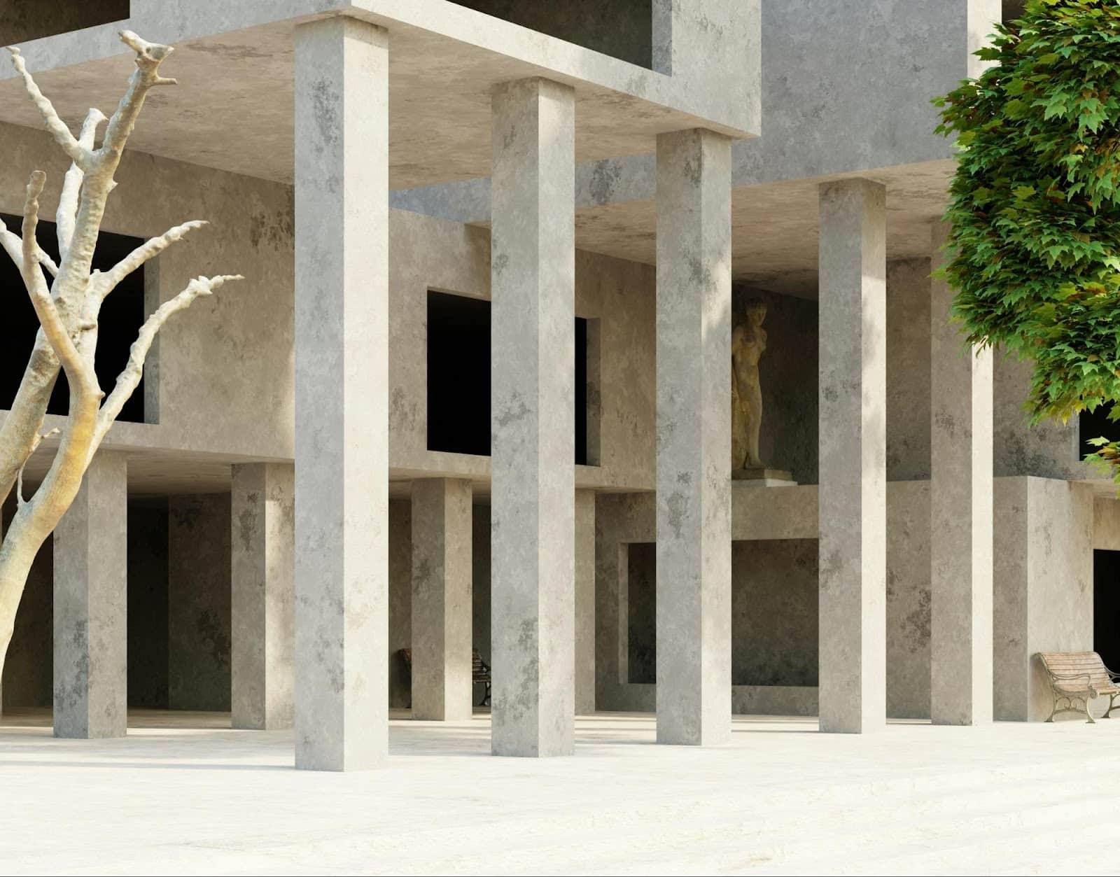Open concept living space with beams and columns