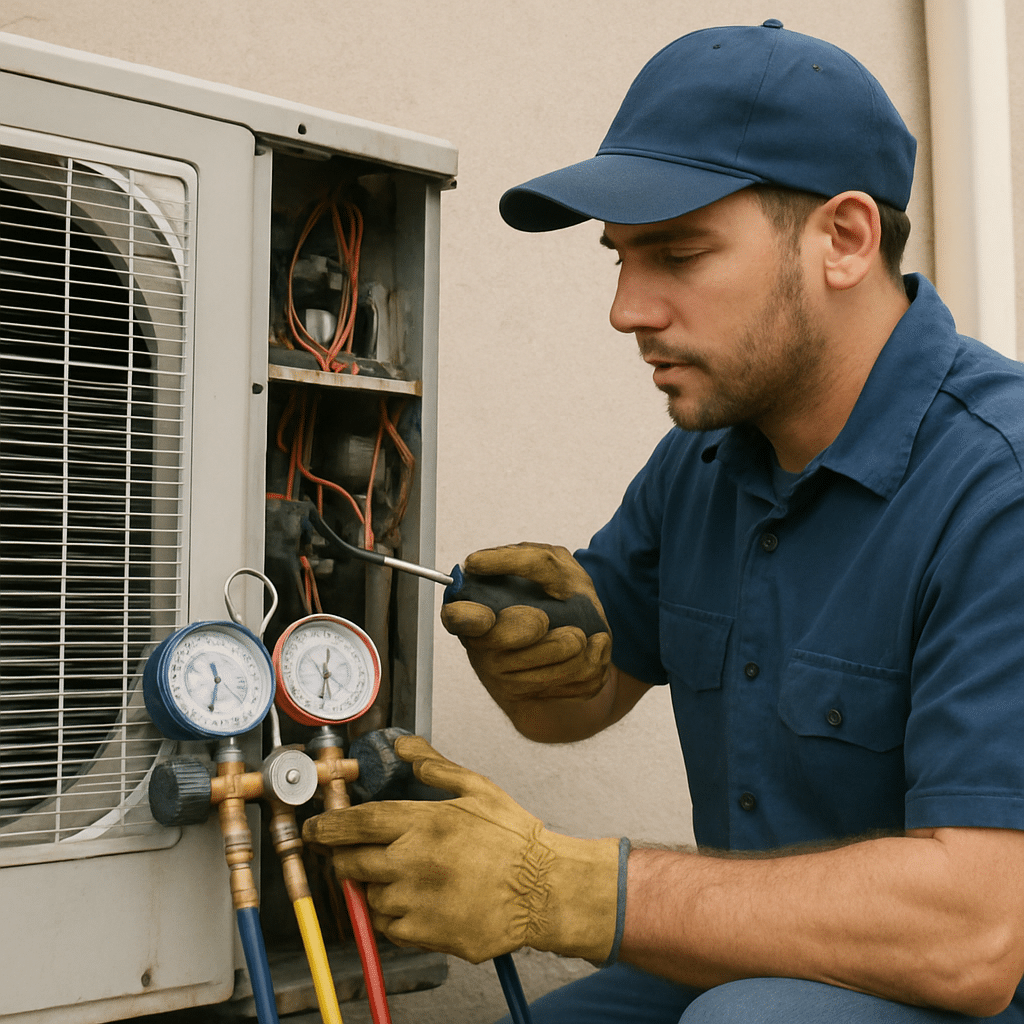 HVAC technician repairing an air conditioning unit