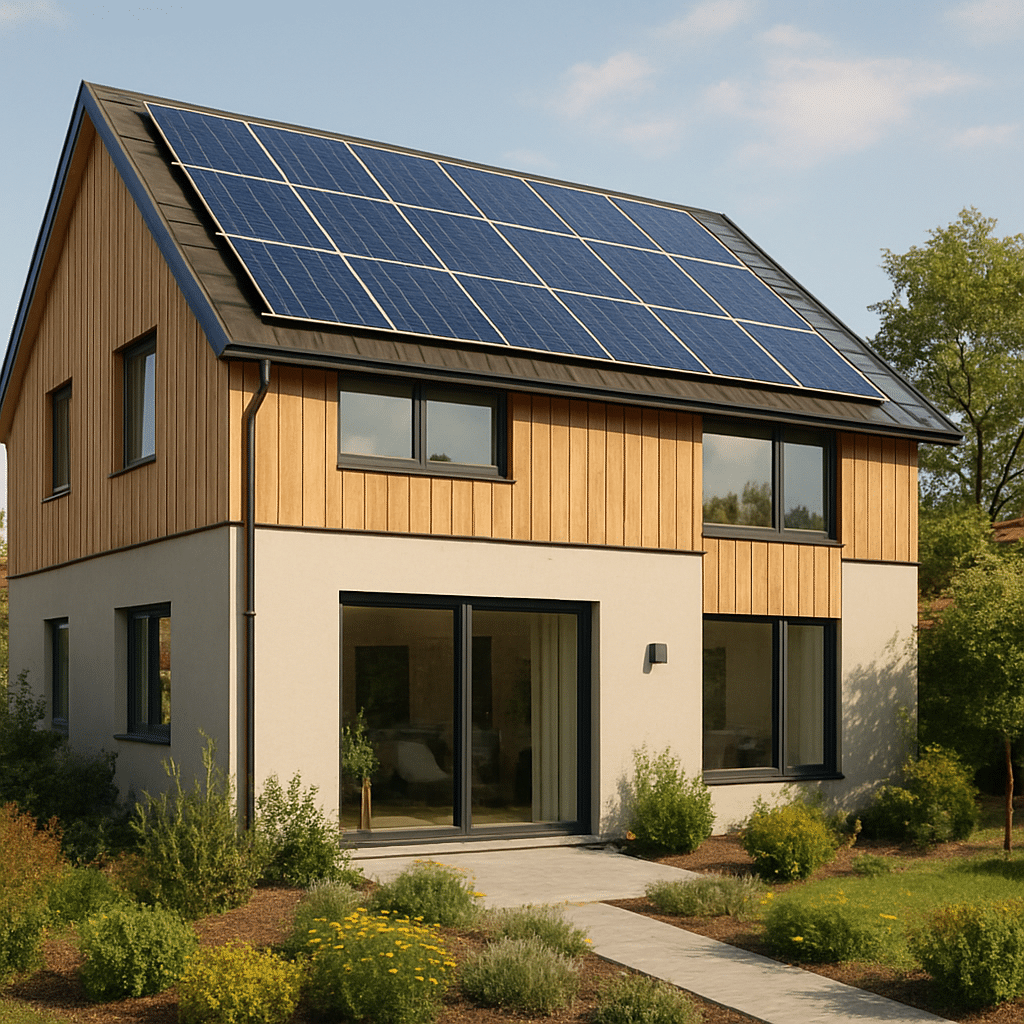 Modern sustainable home with solar panels