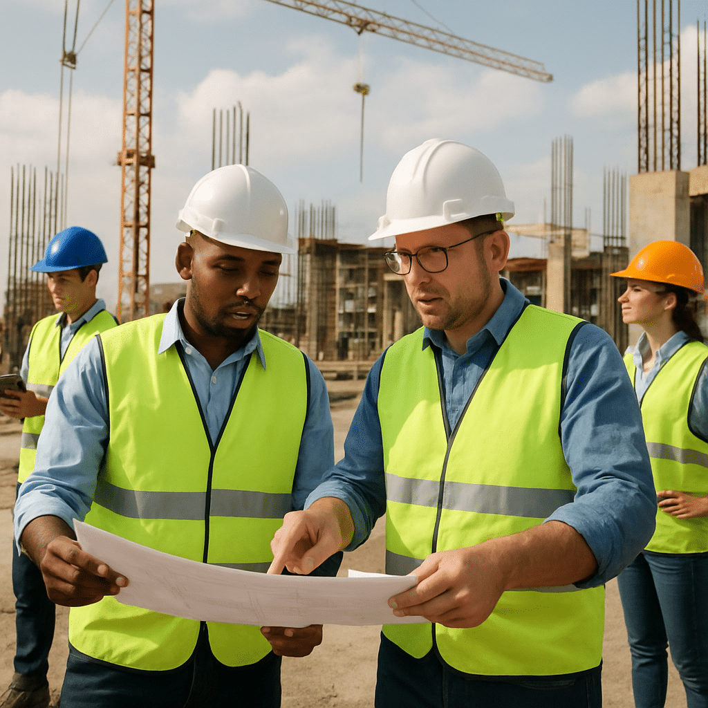 Construction site with civil engineers working