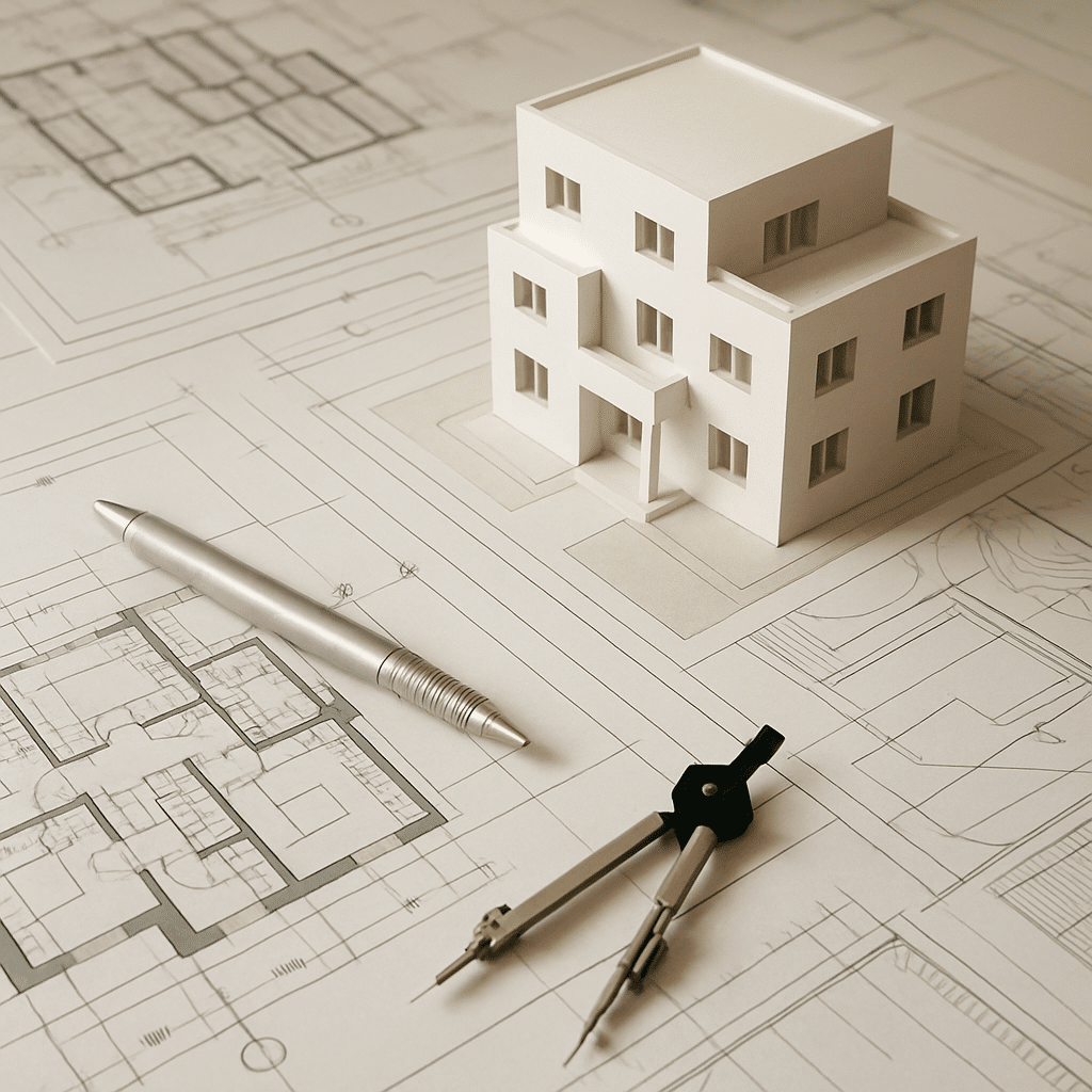 Architectural plans and a model building