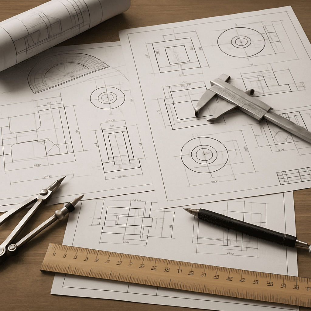 Blueprints and engineering tools on a desk