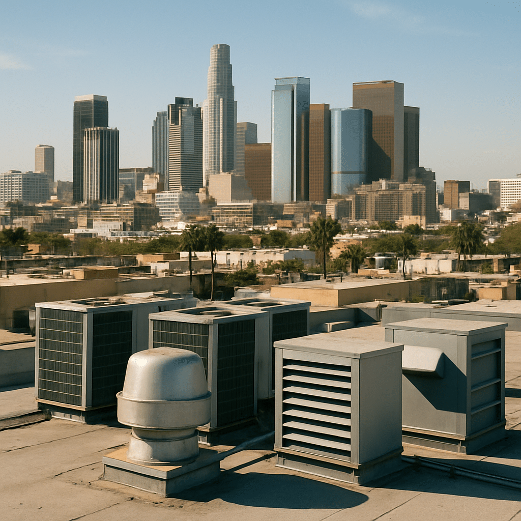 Los Angeles cityscape with HVAC systems in the foreground