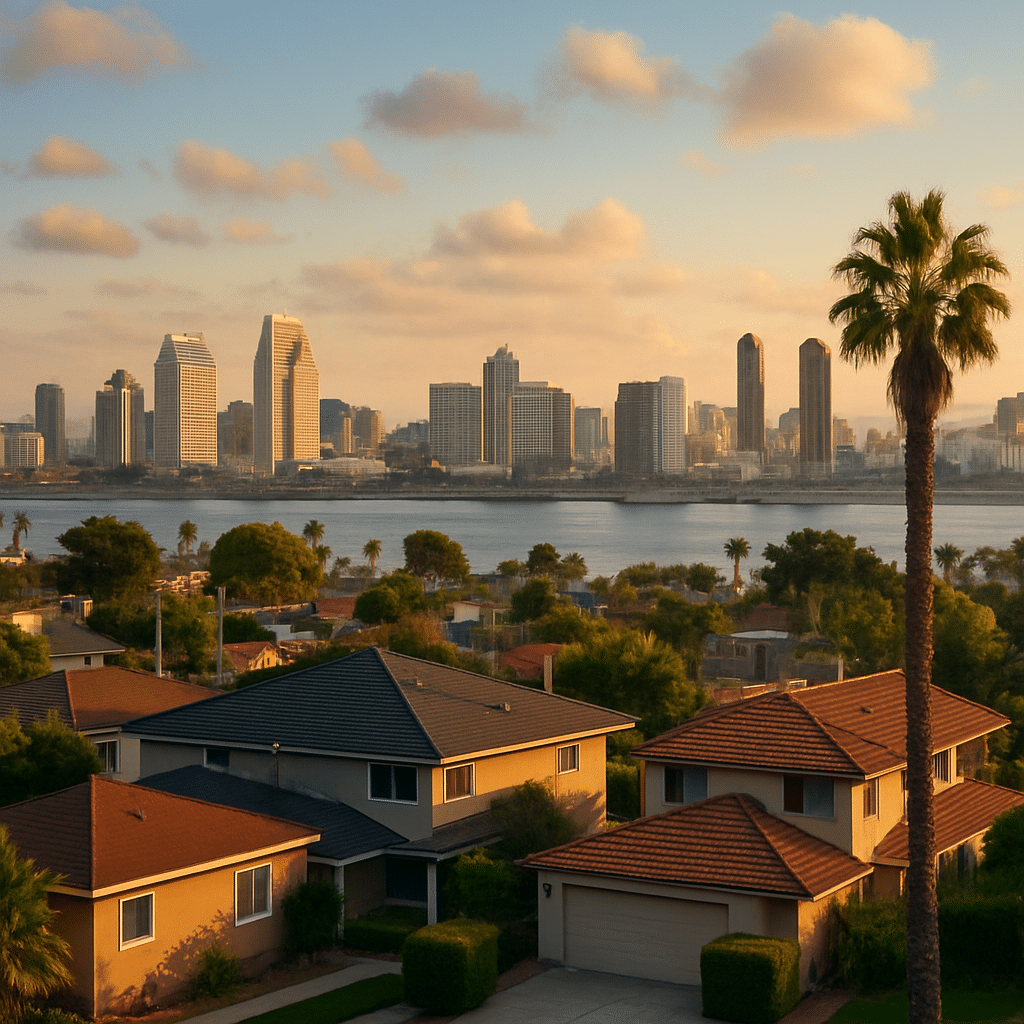 San Diego skyline with homes in foreground