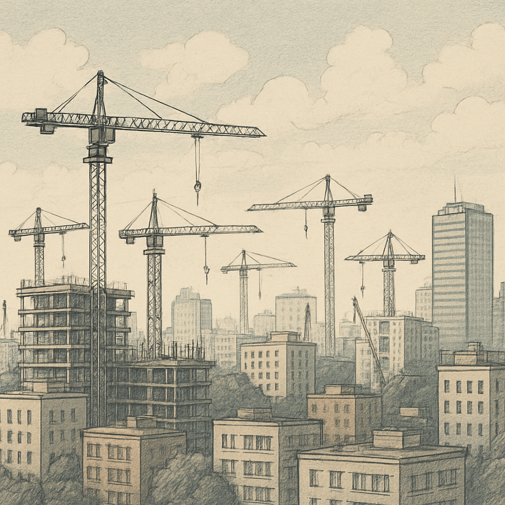 City landscape with cranes and construction activity