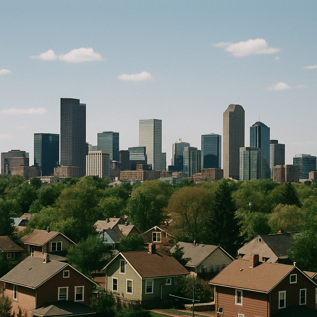 Denver skyline with homes in the foreground