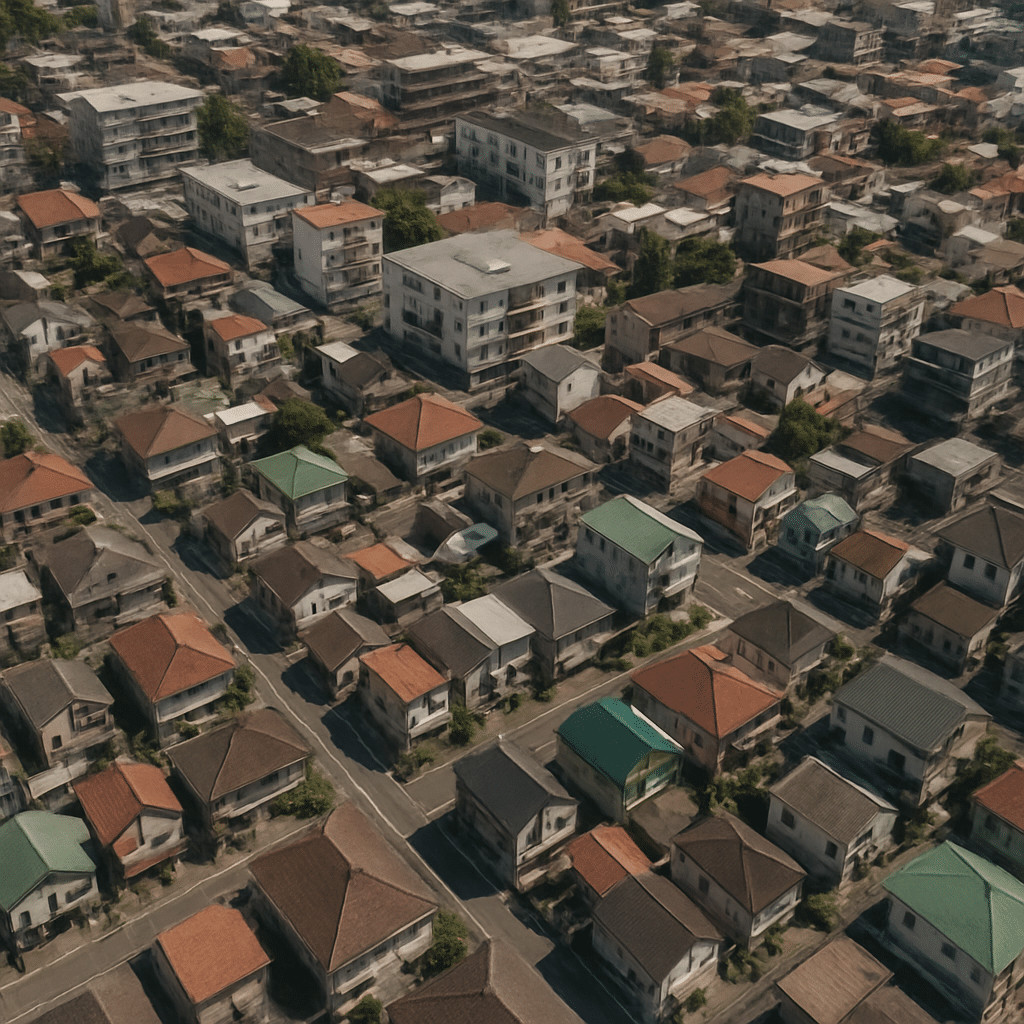 Aerial view of a densely populated urban area with diverse housing types