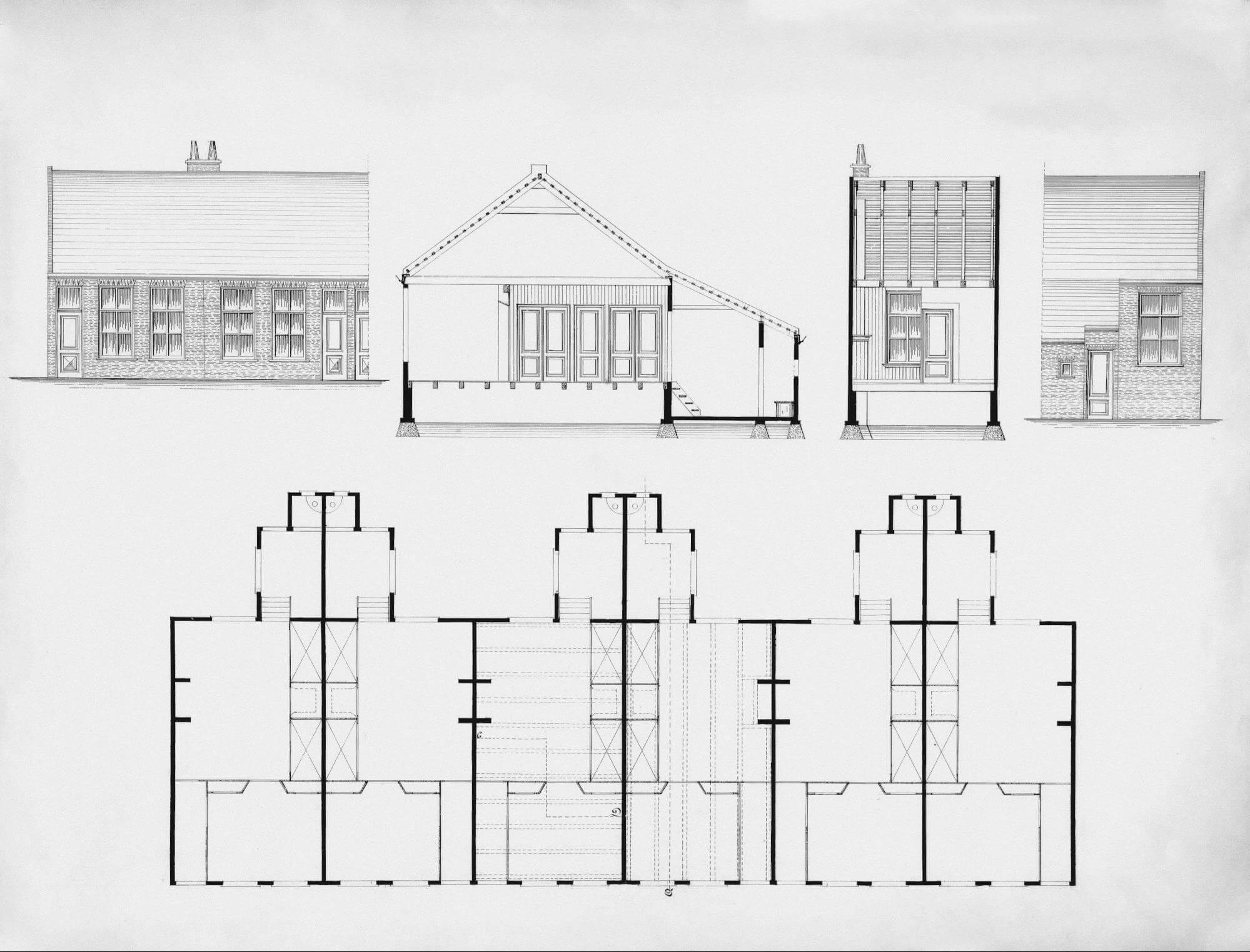 Black and white architectural drawing of buildings