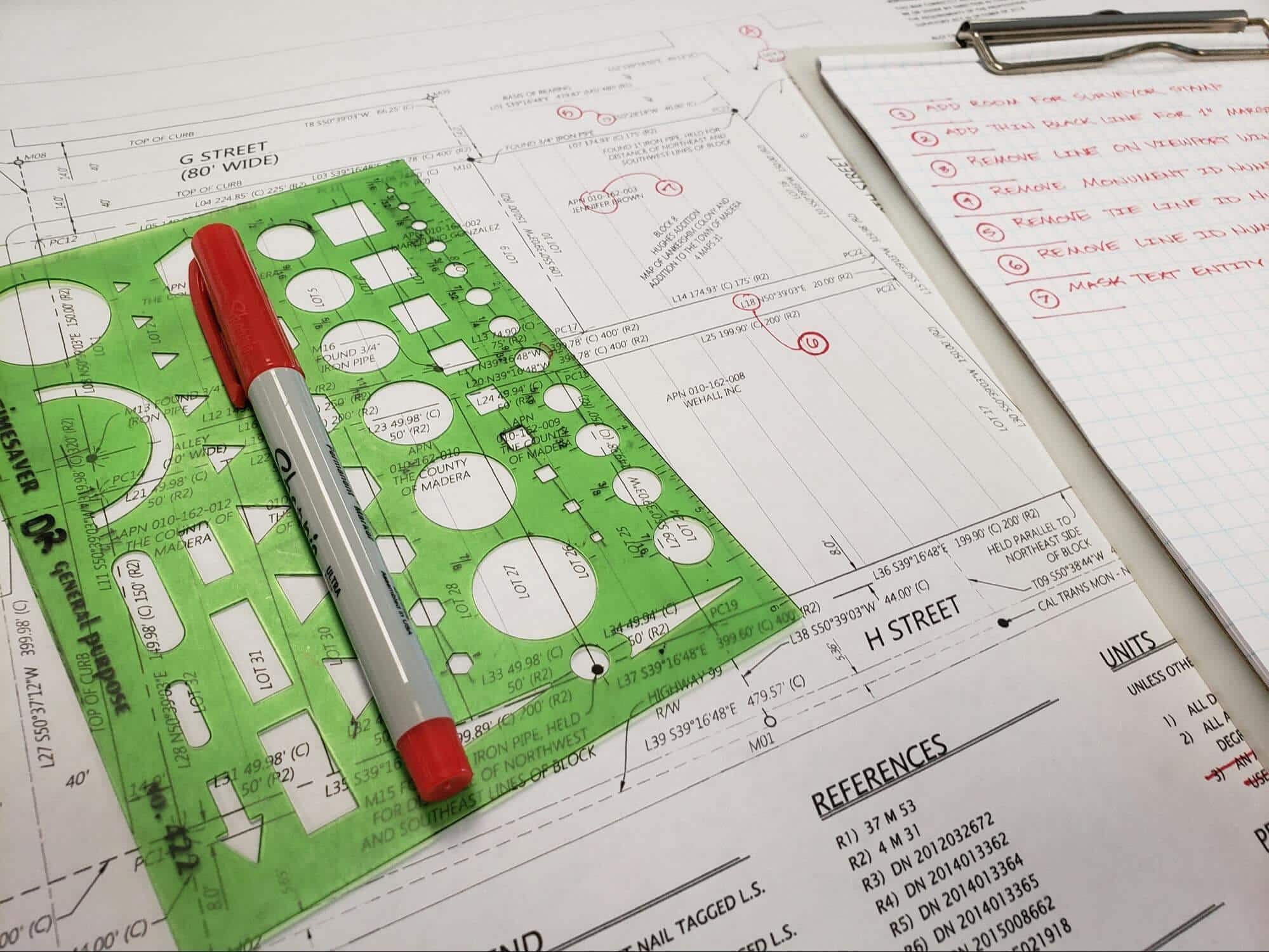 Green paper with red pen for house plan approval process