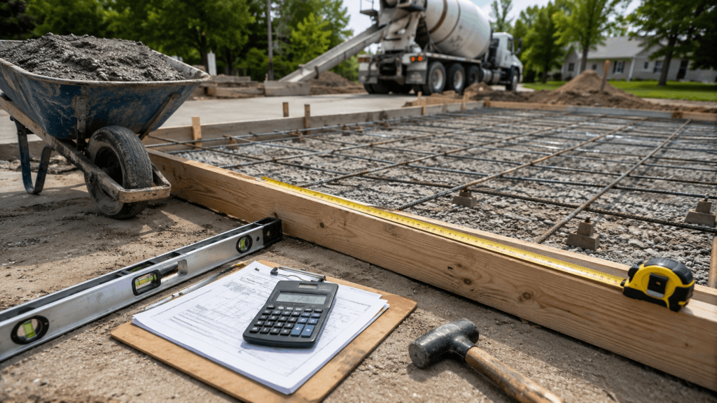 Concrete slab preparation with rebar, measuring tape, calculator, level, and ready-mix truck