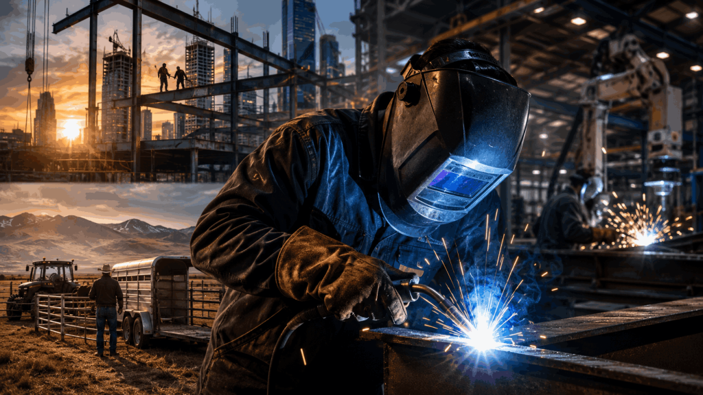 Welder working on steel with construction, industrial, and rural job sites in the background