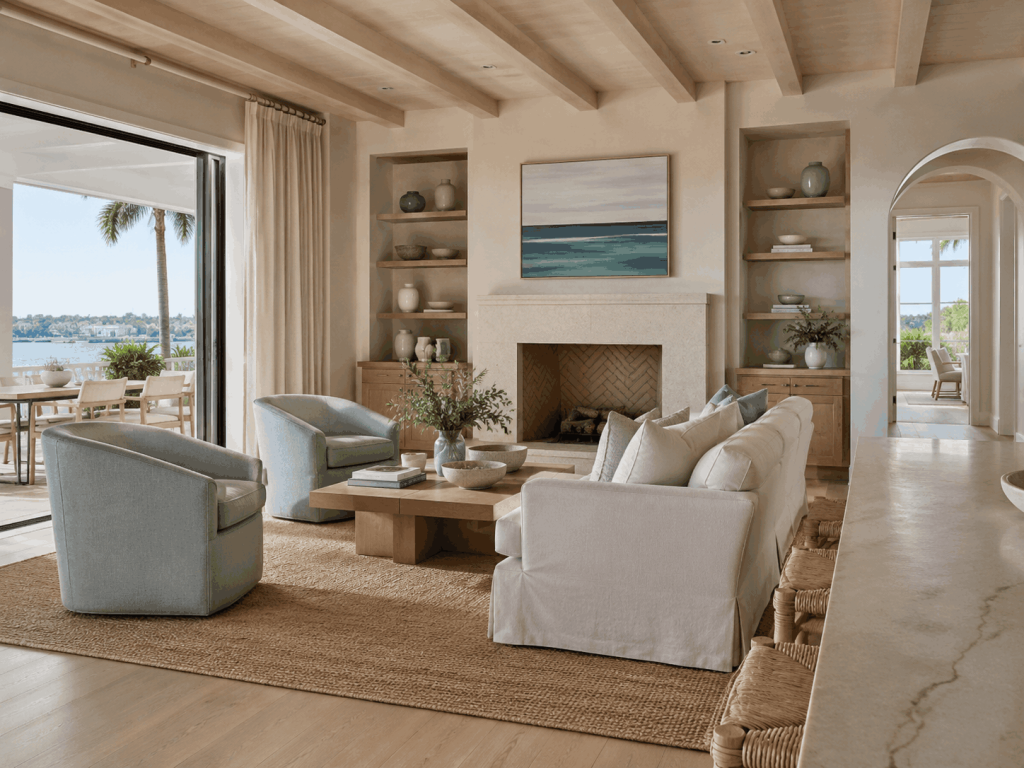 Coastal modern living room with soft blue accents, natural materials, large windows, and water views