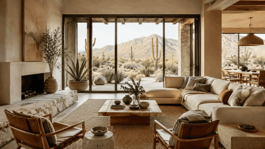 Desert modern living room with warm earth tones, natural stone, wood furnishings, and mountain views