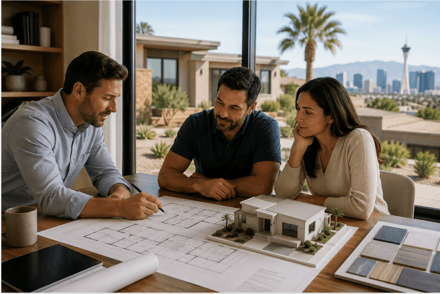 Homeowners meeting with a residential architect to review house plans in Las Vegas