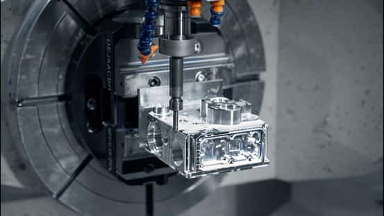 CNC machine fabricating a precision metal component