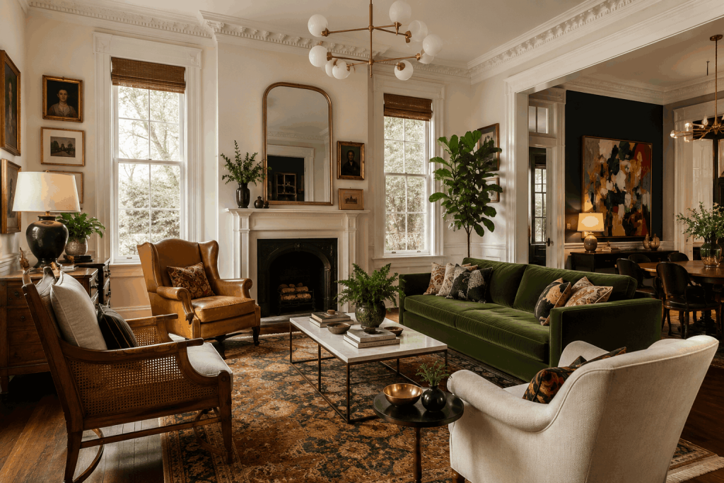 Southern eclectic living room with historic architecture, vintage furniture, contemporary art, and layered textiles