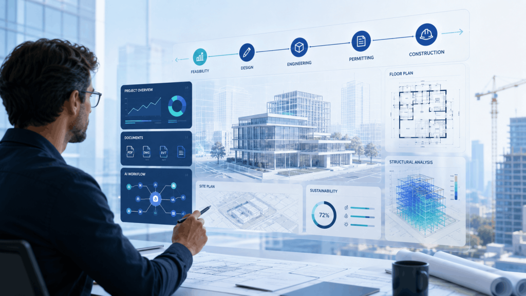 Architect using AI tools for architectural design, engineering, permitting, and construction workflows