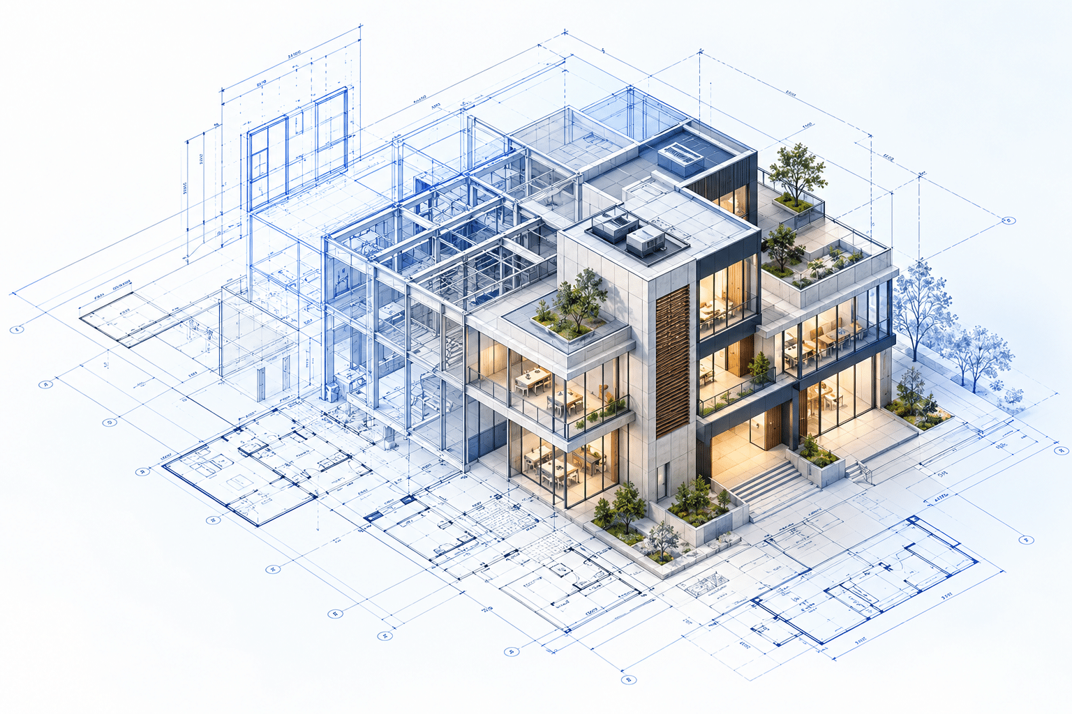 Isometric modern building illustration combining completed architecture with a structural framework and blueprint drawings.