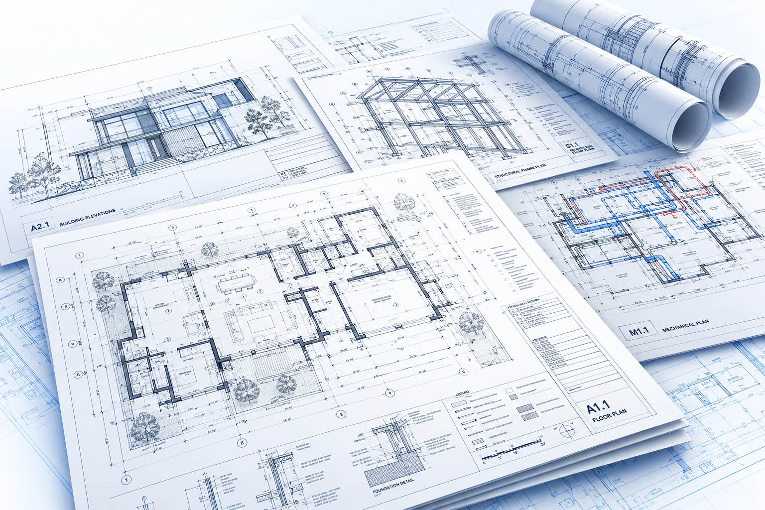 Illustrative collection of architectural floor plans, structural drawings, mechanical plans, and rolled construction blueprints.