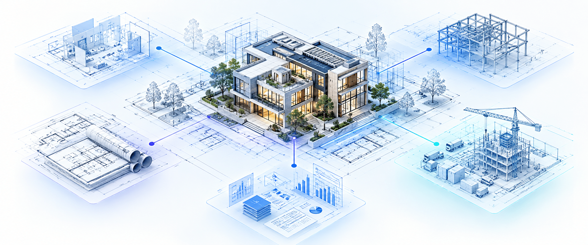 Architectural project workflow illustration showing a modern building connected to architectural drawings, engineering, documentation, cost planning, and construction.