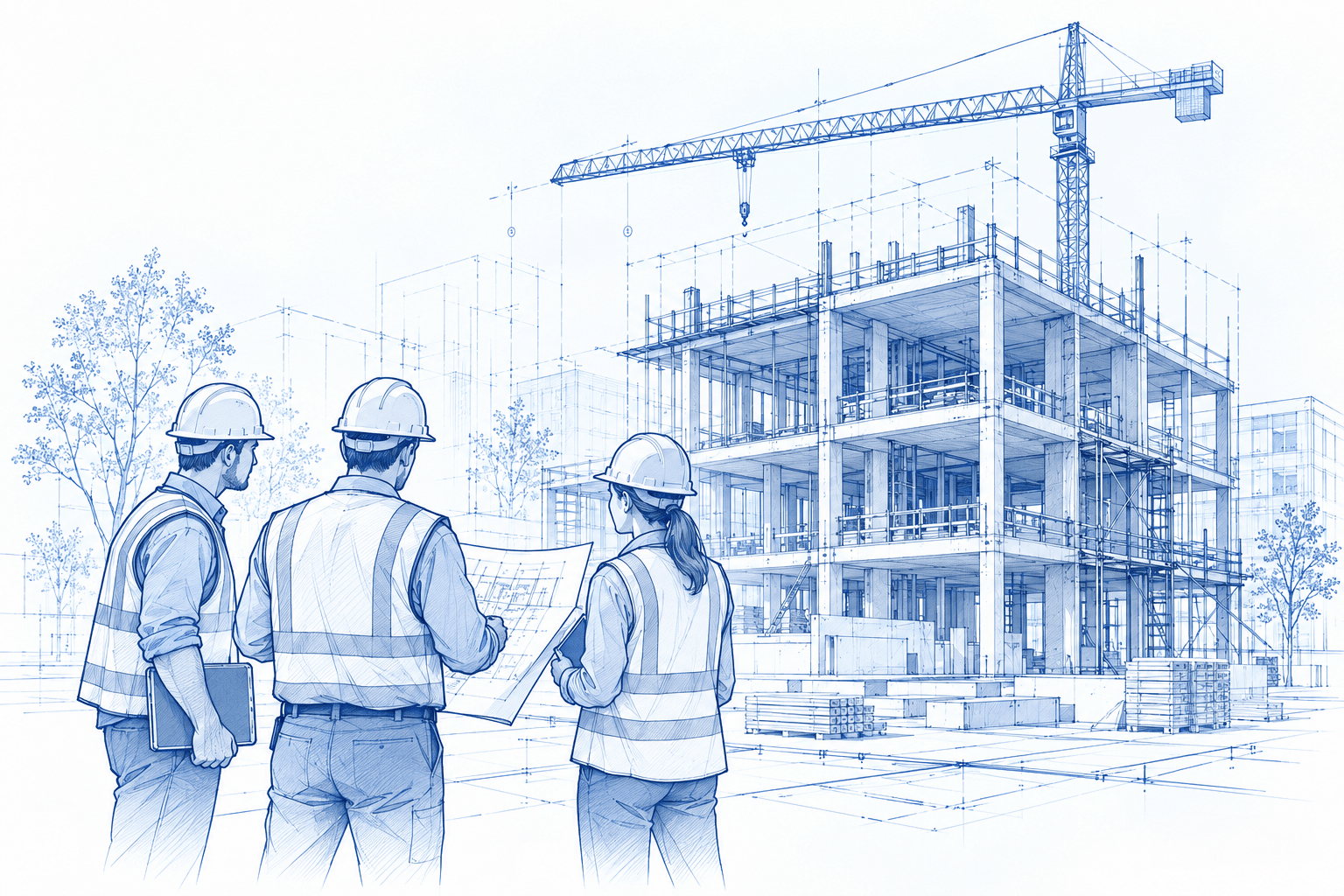 Blue architectural line illustration of construction professionals reviewing blueprints beside a building under construction.