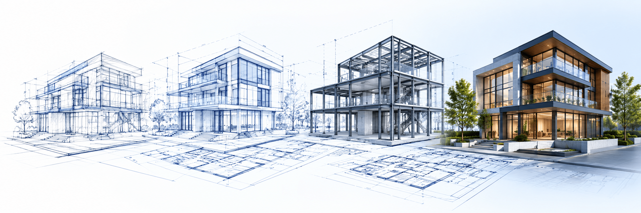 Architectural illustration of a modern building progressing through sketch, technical drawings, structural framework, and finished design.