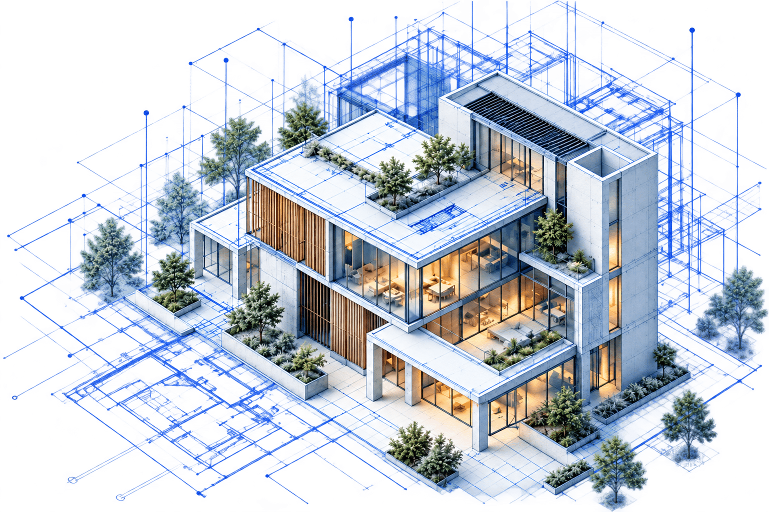 Isometric modern architectural building with blue technical drafting lines, structural elements, and glass facades.