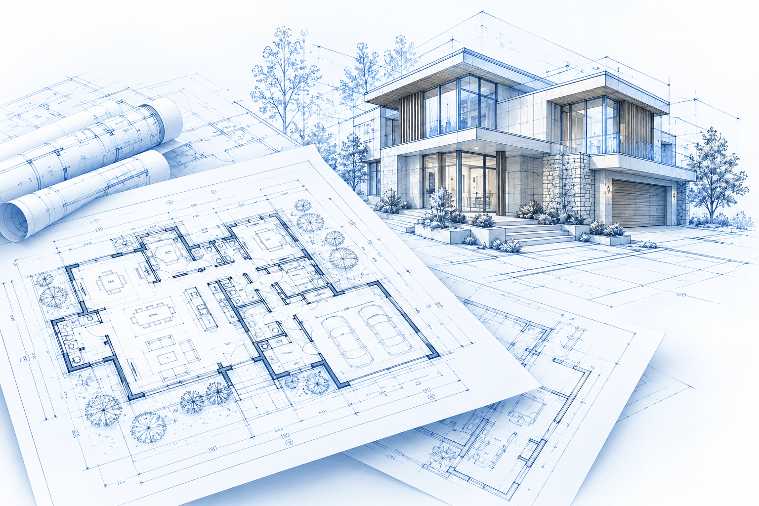 Architectural illustration of a modern residential house paired with floor plans and technical blueprints.